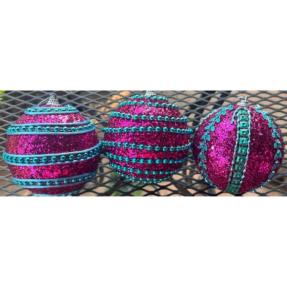Lot of 3 Styrofoam Ball-Shaped Ornaments Teal Blue and Pink Sequins & Beads 4" - Picture 3 of 11